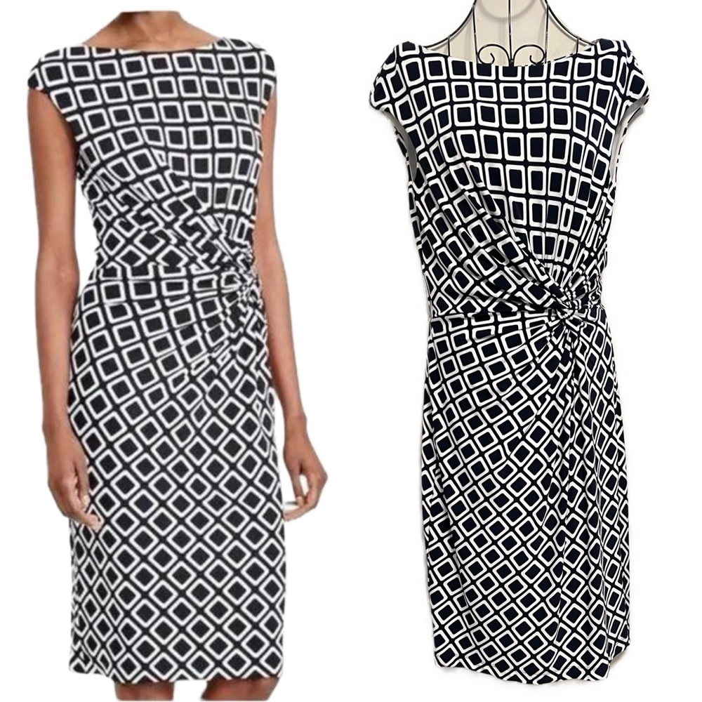 LAUREN Ralph Lauren Navy White Geometric Print Twist Knot Boatneck Dress Size 6